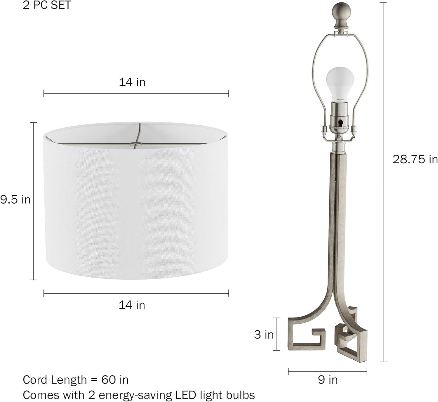 imageLavish Home Greek Key Table LampsSet of 2 Modern Lights with LED BulbsAntique Silver with Ivory Shades for Bedroom Living Room or Office
