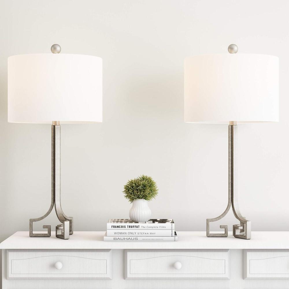 imageLavish Home Greek Key Table LampsSet of 2 Modern Lights with LED BulbsAntique Silver with Ivory Shades for Bedroom Living Room or Office
