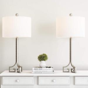 Lavish Home Greek Key Table Lamps-Set of 2 Modern Lights with LED Bulbs-Antique Silver with Ivory Shades for Bedroom, Living Room or Office