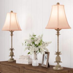 Lavish Home Pineapple Buffet Lamps with Hexagon Shades-Set of 2 Matching Table Lamps-Vintage Inspired Retro Design-Home Décor (Distressed Ivory)