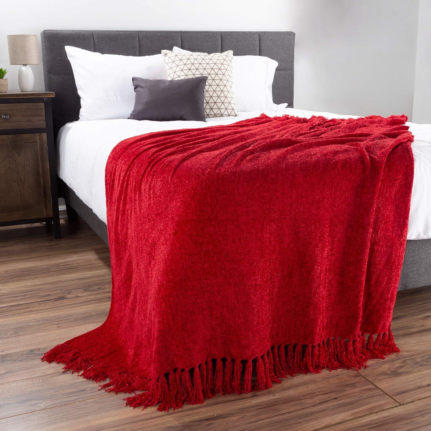 imageChenille Throw Blanket For Couch Home Dcor Bed Sofa amp ChairOversized 60 x 70 Lightweight 5 Fringe UltraSoft amp Shiny in Lagoon Teal by LHC Vineyard Red