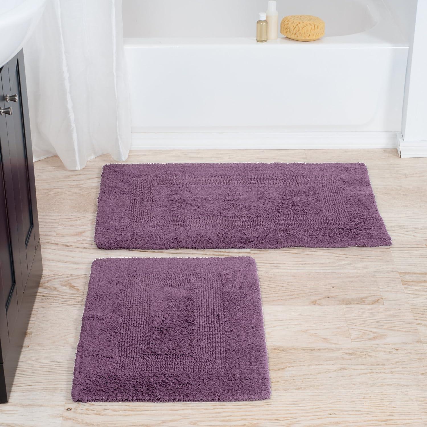 imageLavish Home Cotton Bath Mat Set 2 Piece 100 Percent Cotton Mats Reversible Soft Absorbent and Machine Washable Bathroom Rugs Eggplant