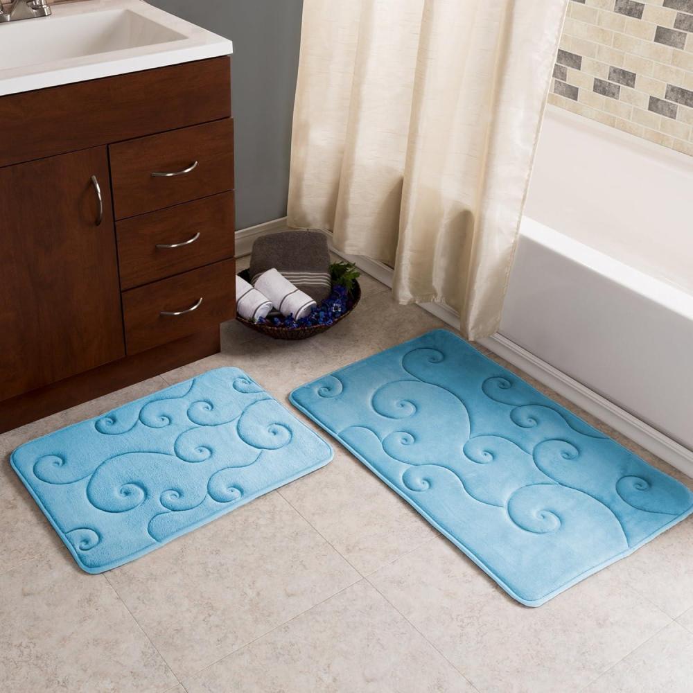 image2 pc Memory Foam Bath Mat Set by Bedford Home Coral Fleece Embossed Pattern Blue