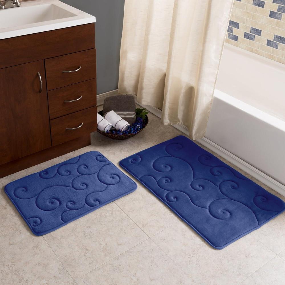 image2 pc Memory Foam Bath Mat Set by Bedford Home Coral Fleece Embossed Pattern Navy