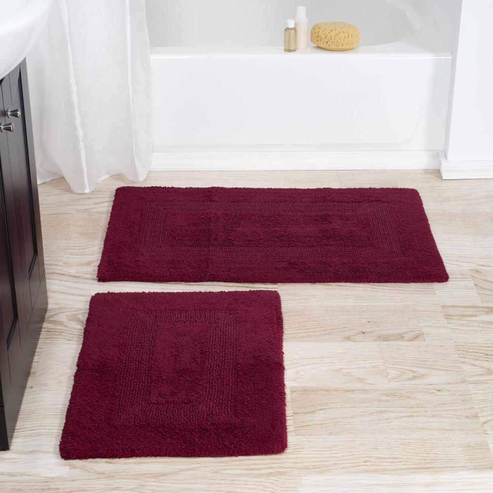 imageCotton Bath Mat Set 2 Piece 100 Percent Cotton Mats Reversible Soft Absorbent and Machine Washable Bathroom Rugs By Lavish Home Burgundy 35x22x05