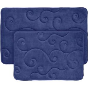Bathroom Rug Set of 2 – Memory Foam Bath Mats with Embossed Coral Fleece Top – Non-Slip Absorbent Rugs for Shower or Laundry by Lavish Home (Navy)