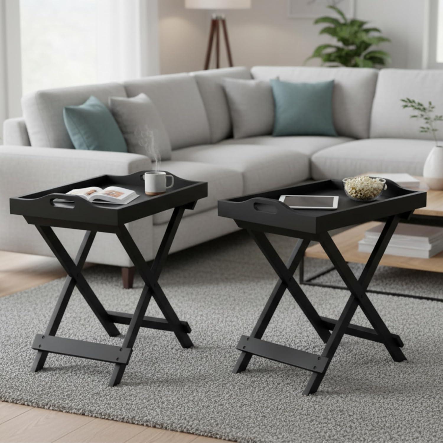 imageLavish Home End Folding Modern Minimalist Wooden Contemporary Side Table Multifunctional Portable Stylish Serving Snack or Lap Tray Suitable for Indoor and Outdoor Use BROWNBlack