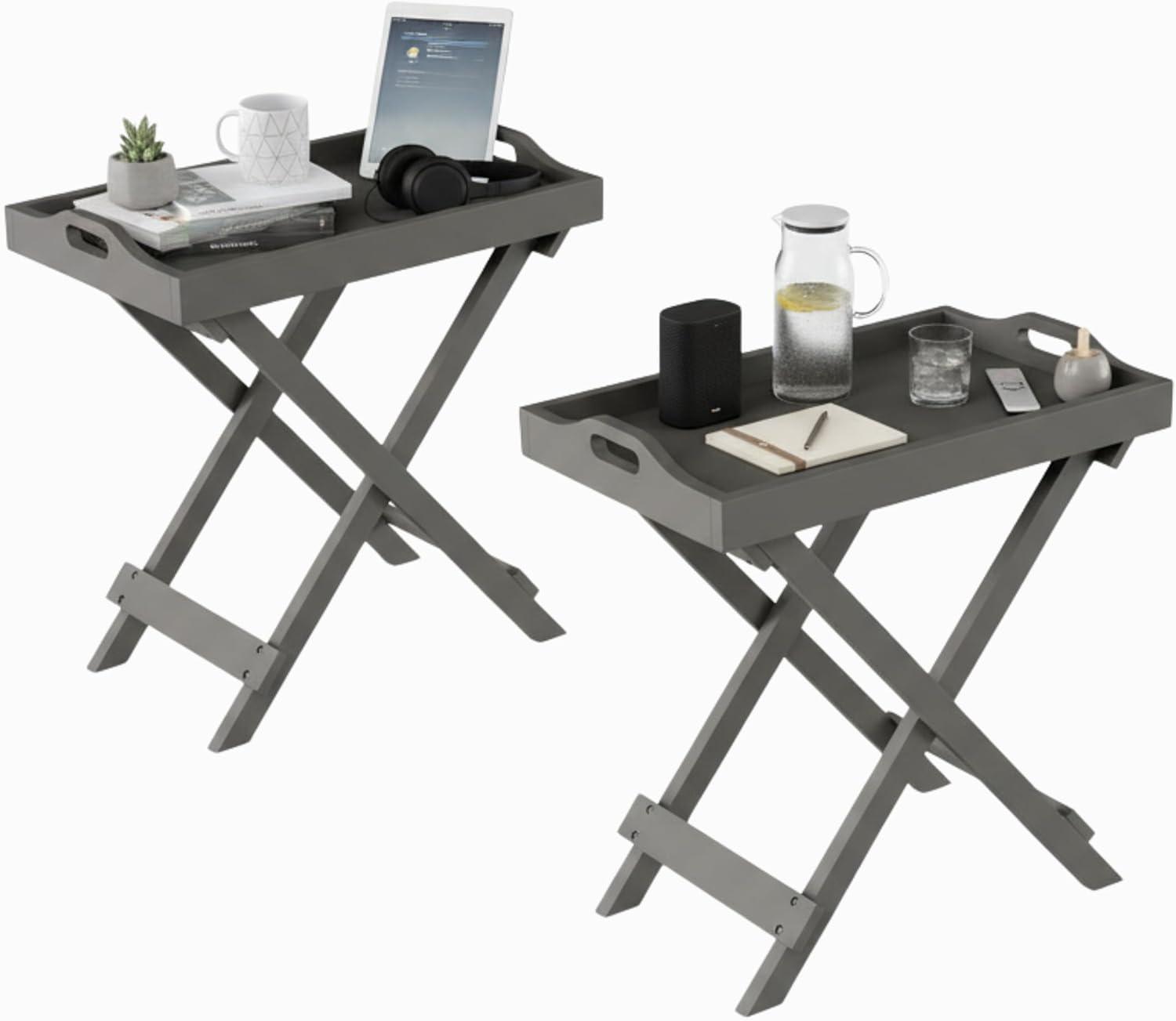 imageLavish Home End Folding Modern Minimalist Wooden Contemporary Side Table Multifunctional Portable Stylish Serving Snack or Lap Tray Suitable for Indoor and Outdoor Use BROWNGrey