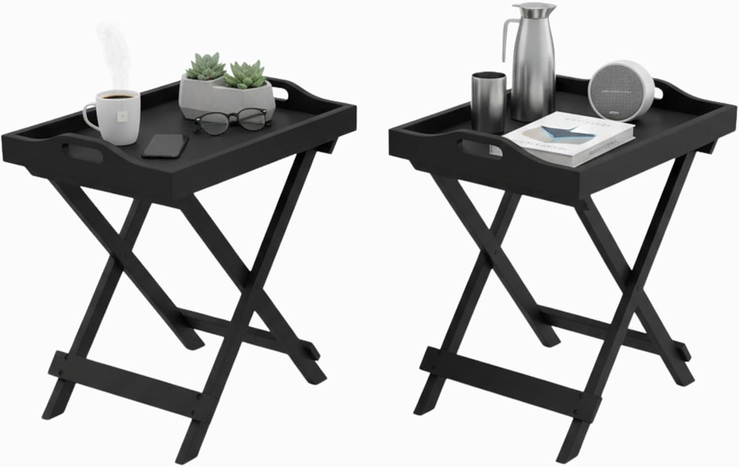 imageLavish Home End Folding Modern Minimalist Wooden Contemporary Side Table Multifunctional Portable Stylish Serving Snack or Lap Tray Suitable for Indoor and Outdoor Use BROWNBlack