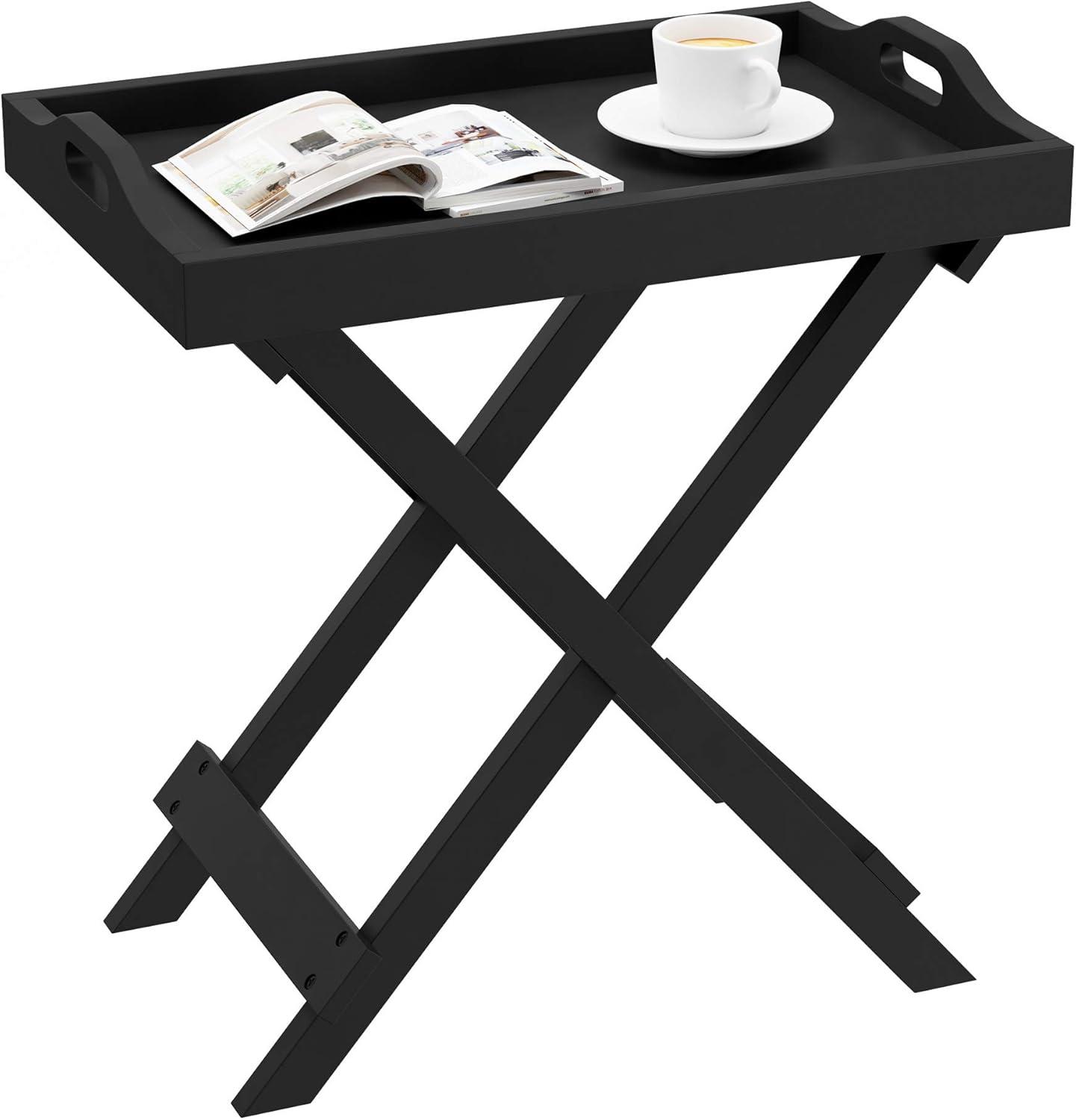 imageLavish Home End Folding Modern Minimalist Wooden Contemporary Side Table Multifunctional Portable Stylish Serving Snack or Lap Tray Suitable for Indoor and Outdoor Use BROWNBlack
