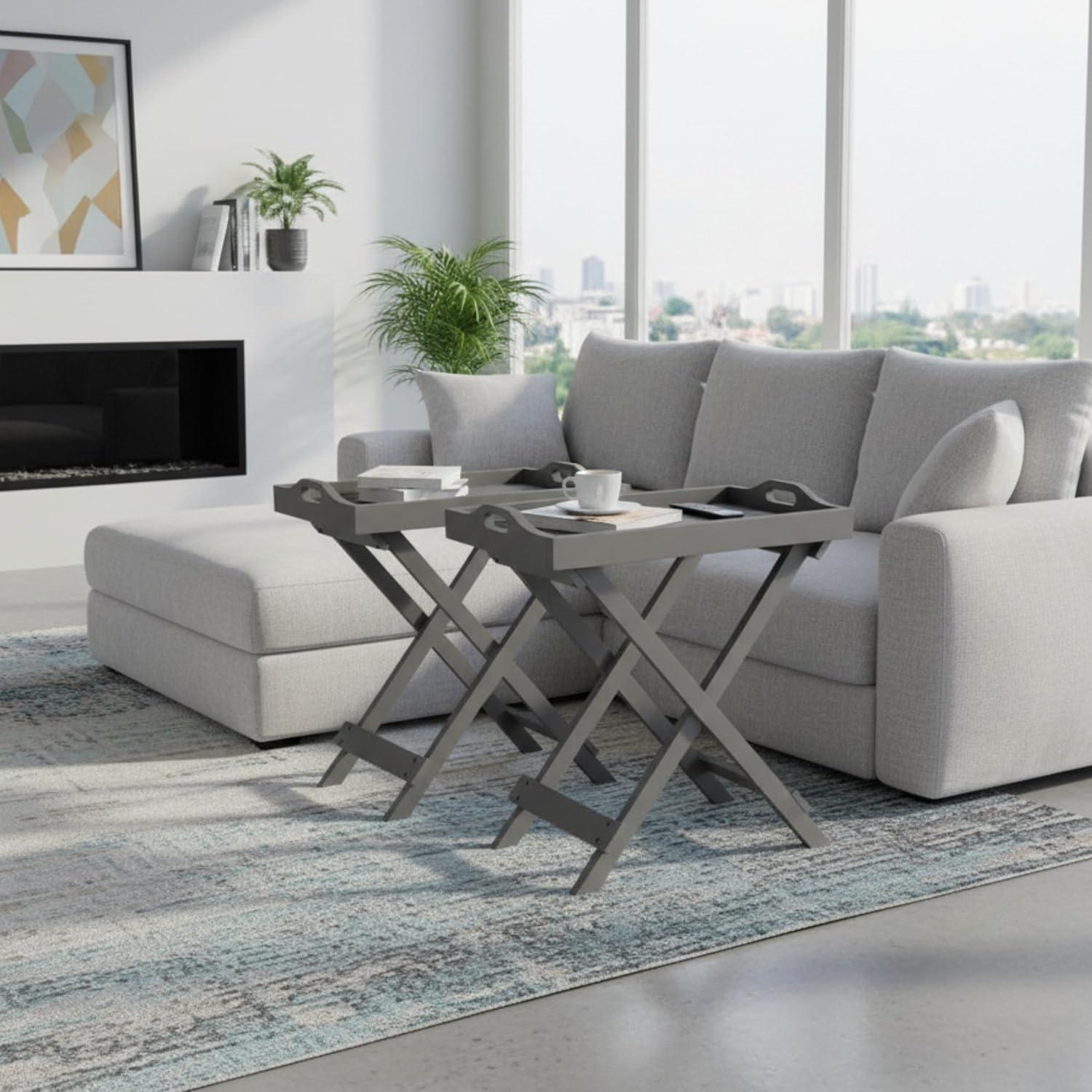 imageLavish Home End Folding Modern Minimalist Wooden Contemporary Side Table Multifunctional Portable Stylish Serving Snack or Lap Tray Suitable for Indoor and Outdoor Use BROWNGrey