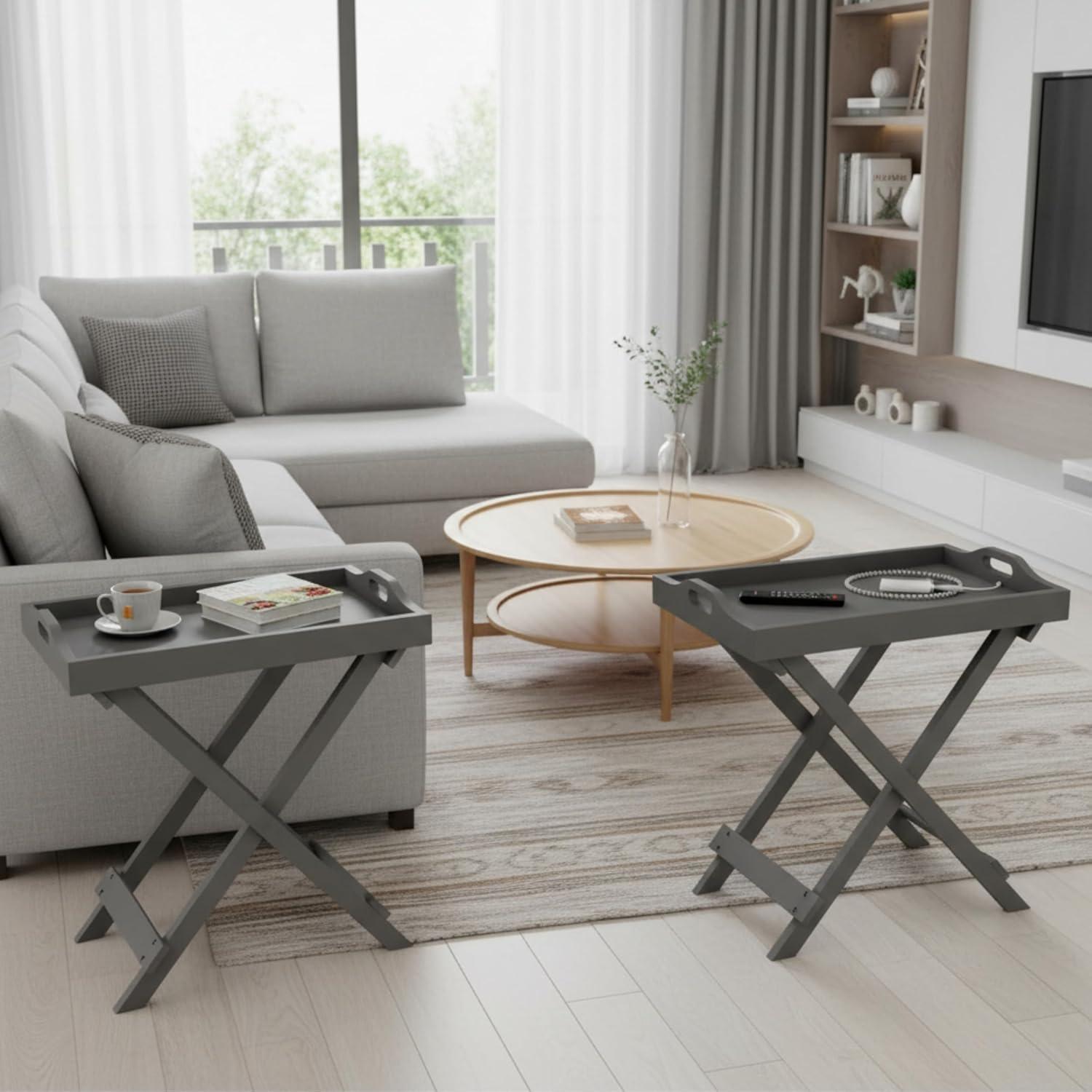 imageLavish Home End Folding Modern Minimalist Wooden Contemporary Side Table Multifunctional Portable Stylish Serving Snack or Lap Tray Suitable for Indoor and Outdoor Use BROWNGrey