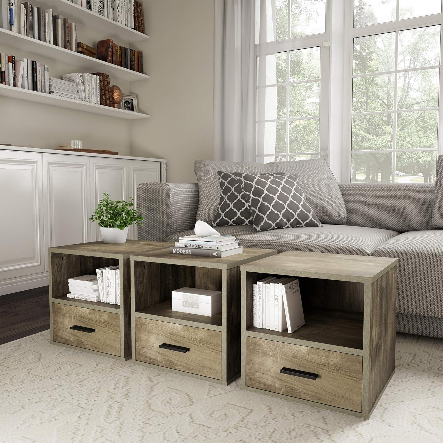 imageLavish Home Side Table with Storage Set of 2 Minimalist Modern Nightstand or End Table with Drawer Stackable Modular Accent Table for Bedroom Living Room or Office Black Woodgrain