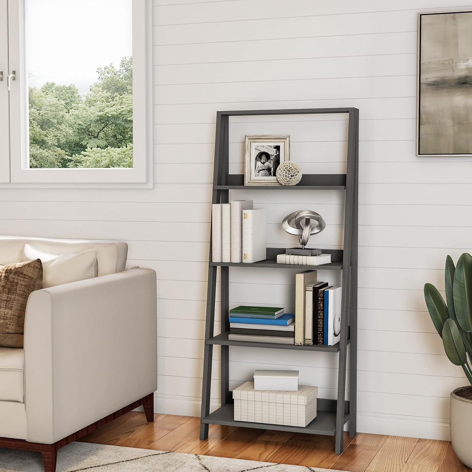 image4Tier Ladder Bookshelf Freestanding Shelved Bookcase with Leaning Look for Living Room Bathroom and Kitchen Storage by Lavish Home Gray