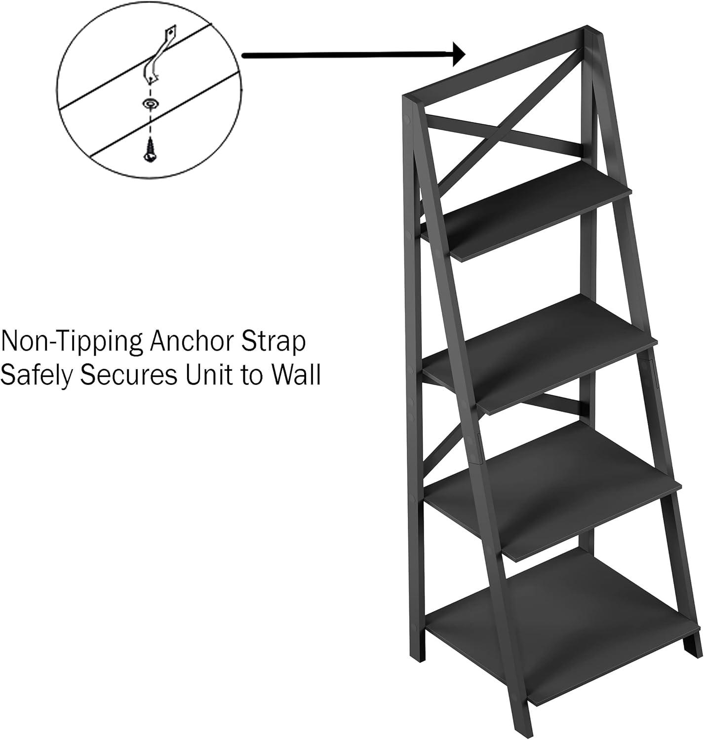 imageLavish Home 4Tier Ladder Bookshelf Freestanding Shelved Bookcase with XBack Frame and Leaning Look Display Shelves for Home and Office Gray