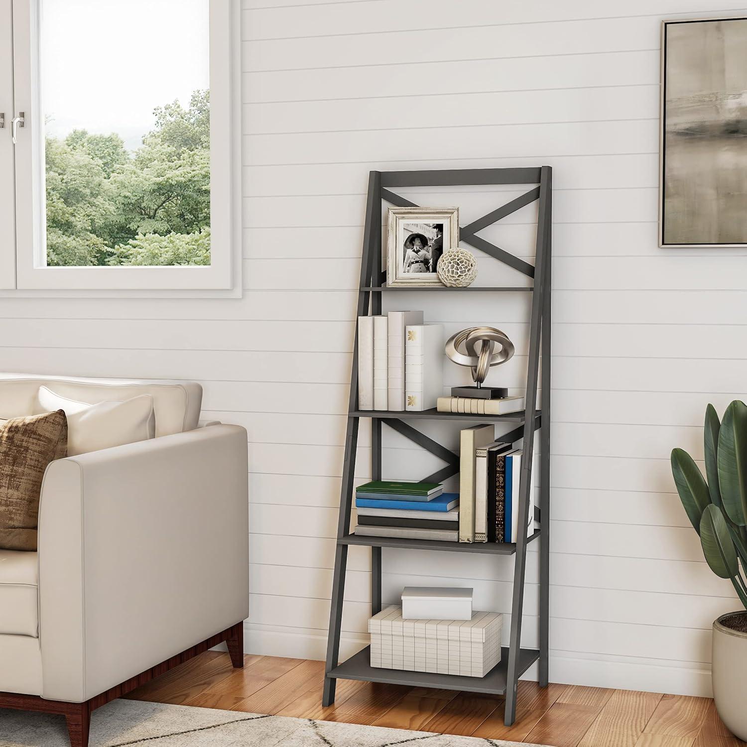 imageLavish Home 4Tier Ladder Bookshelf Freestanding Shelved Bookcase with XBack Frame and Leaning Look Display Shelves for Home and Office Gray