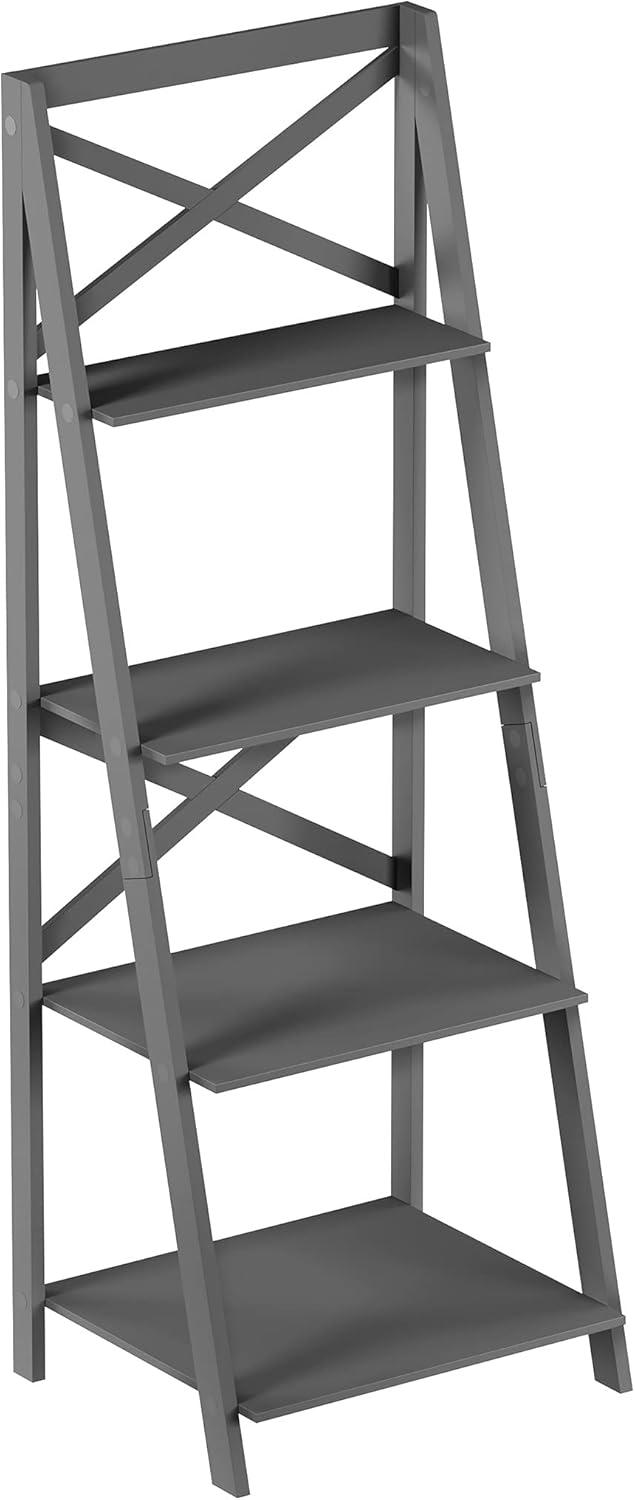 imageLavish Home 4Tier Ladder Bookshelf Freestanding Shelved Bookcase with XBack Frame and Leaning Look Display Shelves for Home and Office Gray