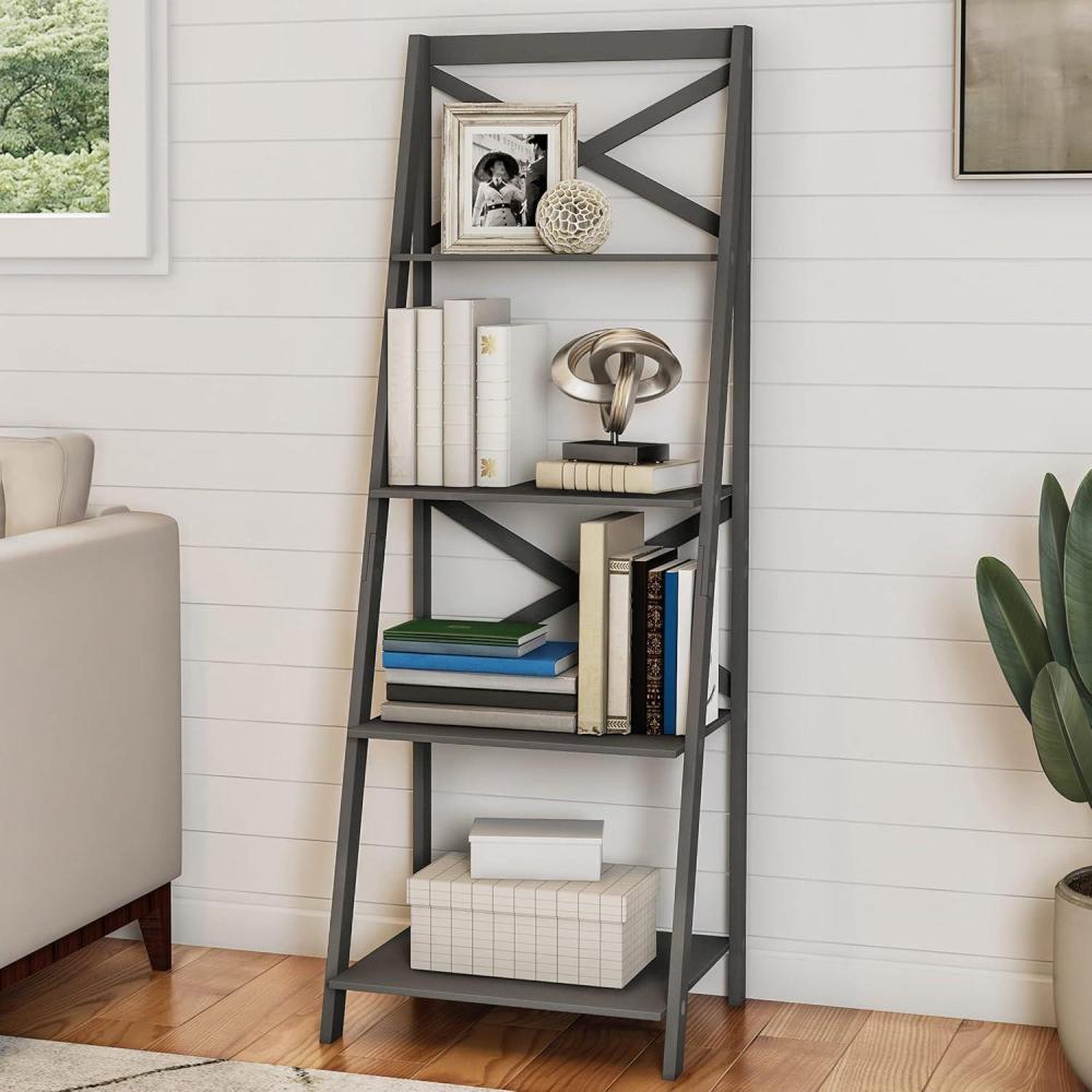 imageLavish Home 4Tier Ladder Bookshelf Freestanding Shelved Bookcase with XBack Frame and Leaning Look Display Shelves for Home and Office Gray