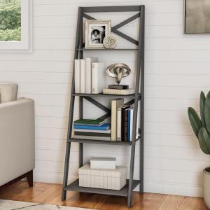 Lavish Home 4-Tier Ladder Bookshelf – Freestanding Shelved Bookcase with X-Back Frame and Leaning Look – Display Shelves for Home and Office (Gray)