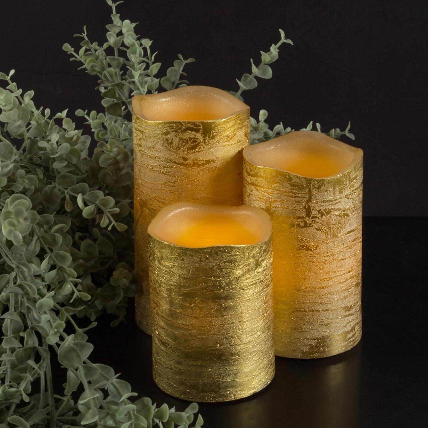 imageLavish Home 80Fc1004 Flameless LED Set of 3 Real Wax Battery Powered Pillar Candles with Remote Timer and Distressed Gold Metallic Finish Metallic GoldGold Metallic