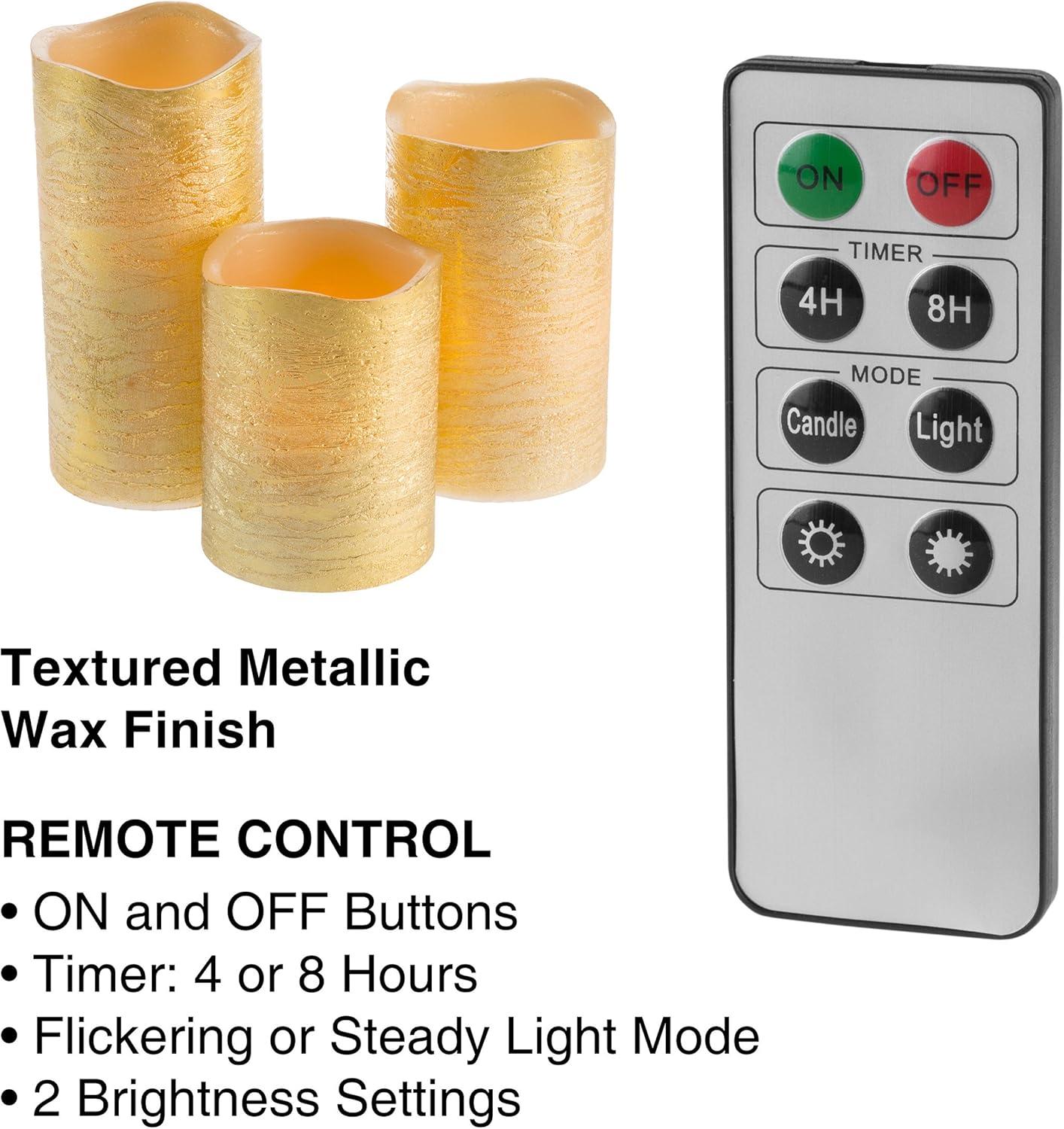 imageLavish Home 80Fc1004 Flameless LED Set of 3 Real Wax Battery Powered Pillar Candles with Remote Timer and Distressed Gold Metallic Finish Metallic GoldGold Metallic
