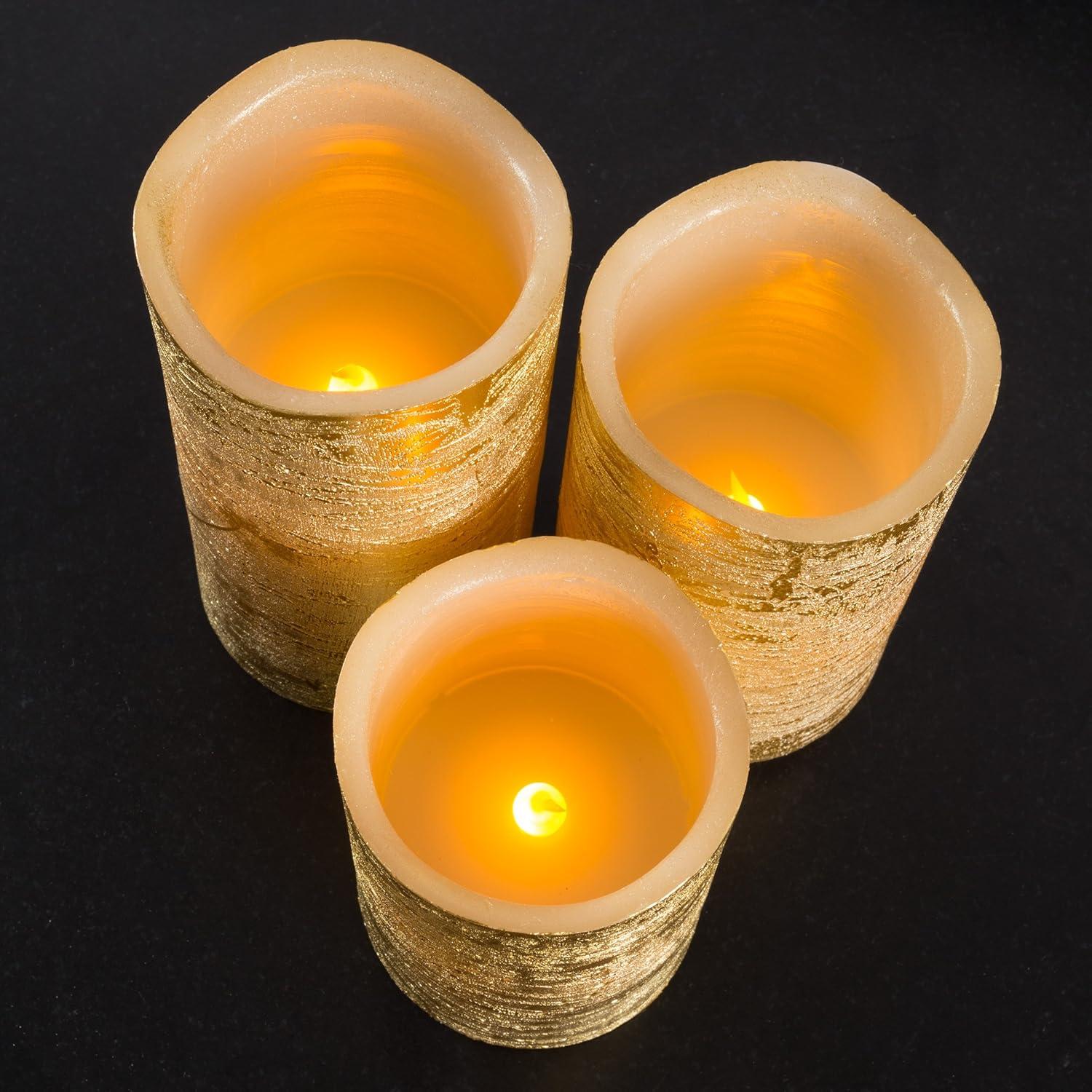 imageLavish Home 80Fc1004 Flameless LED Set of 3 Real Wax Battery Powered Pillar Candles with Remote Timer and Distressed Gold Metallic Finish Metallic GoldGold Metallic
