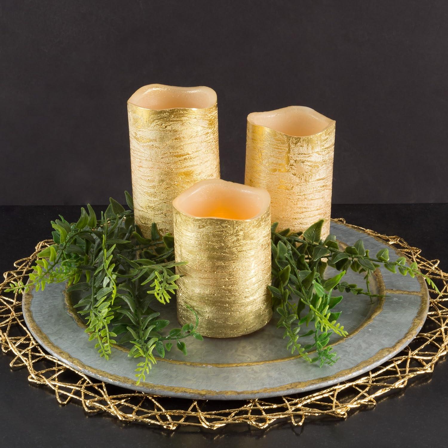 imageLavish Home 80Fc1004 Flameless LED Set of 3 Real Wax Battery Powered Pillar Candles with Remote Timer and Distressed Gold Metallic Finish Metallic GoldGold Metallic