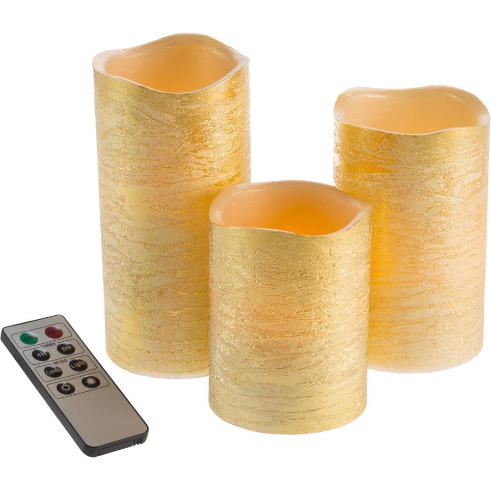 imageLavish Home 80Fc1004 Flameless LED Set of 3 Real Wax Battery Powered Pillar Candles with Remote Timer and Distressed Gold Metallic Finish Metallic GoldGold Metallic