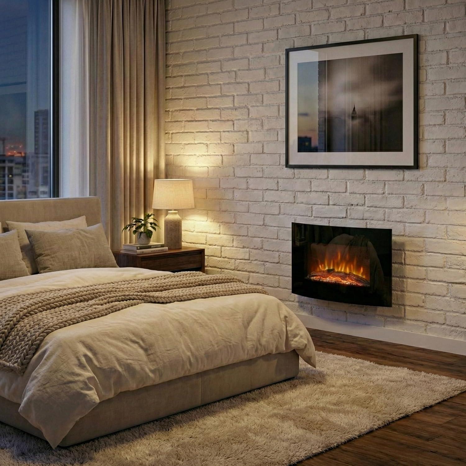 image255Inch Wall Mounted Electric Fireplace Curved Glass Heater with Log Fuel Effect Adjustable Flames and Remote Control by Northwest Black