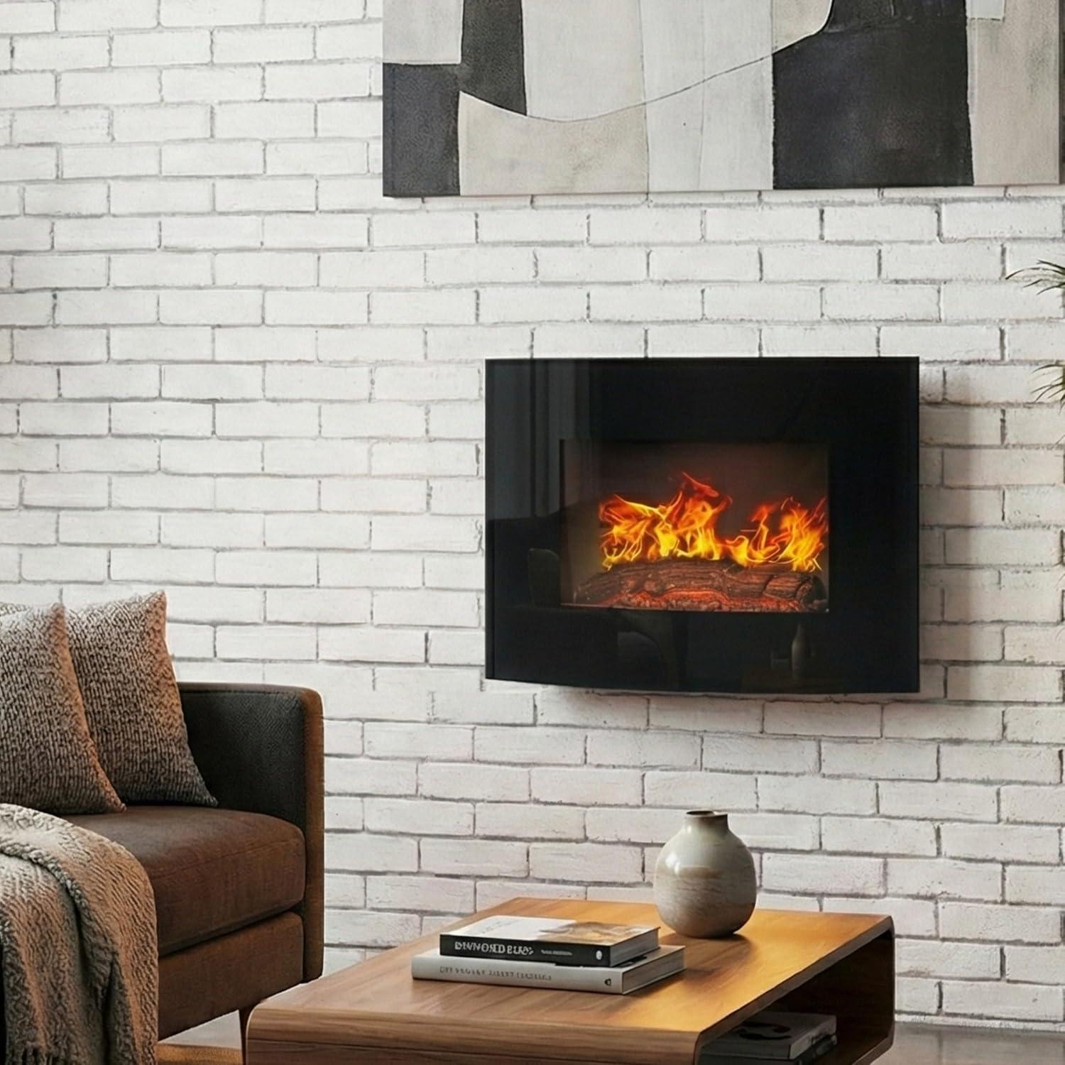 image255Inch Wall Mounted Electric Fireplace Curved Glass Heater with Log Fuel Effect Adjustable Flames and Remote Control by Northwest Black