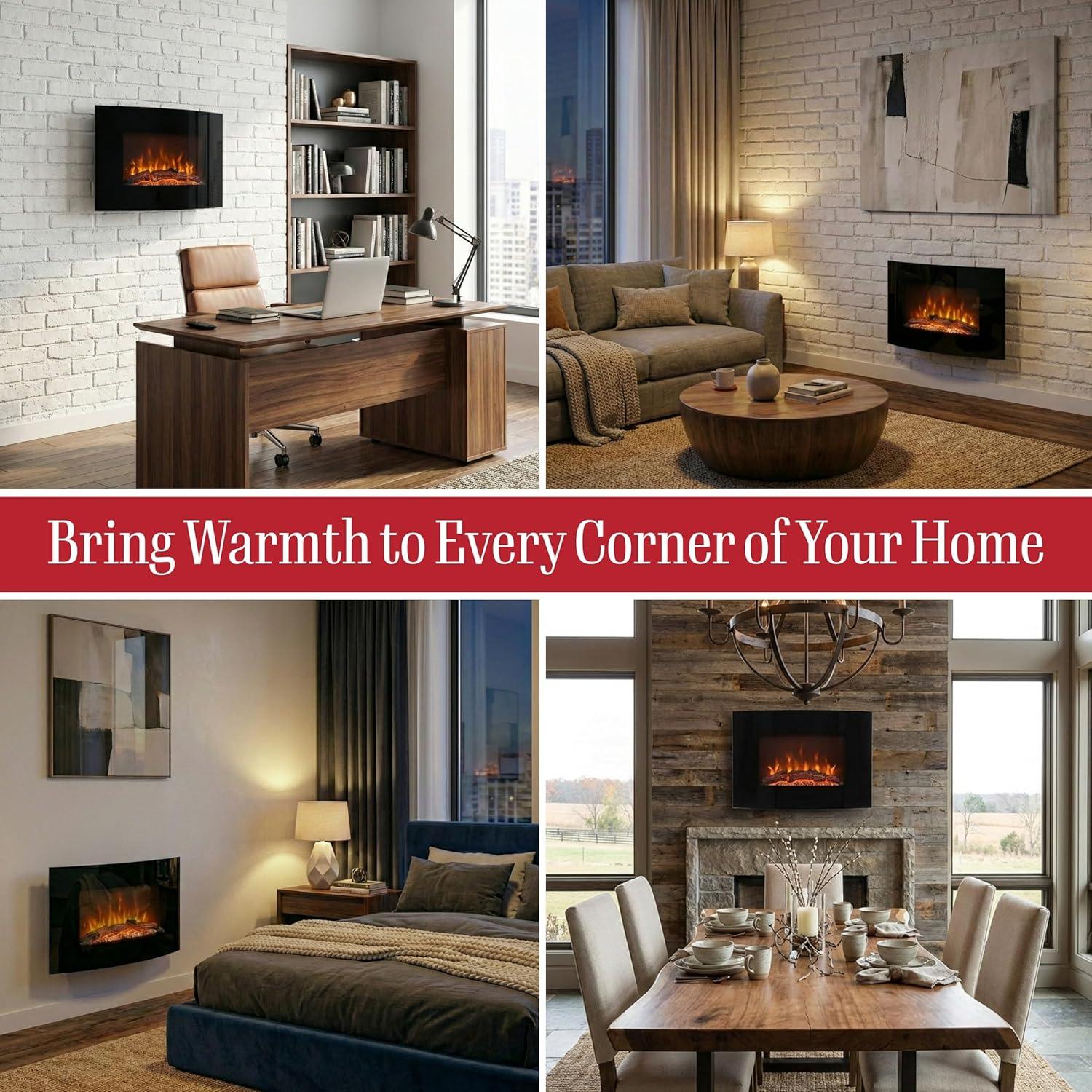 image255Inch Wall Mounted Electric Fireplace Curved Glass Heater with Log Fuel Effect Adjustable Flames and Remote Control by Northwest Black