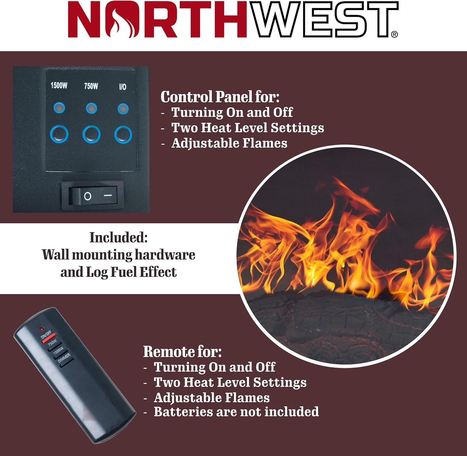 image255Inch Wall Mounted Electric Fireplace Curved Glass Heater with Log Fuel Effect Adjustable Flames and Remote Control by Northwest Black