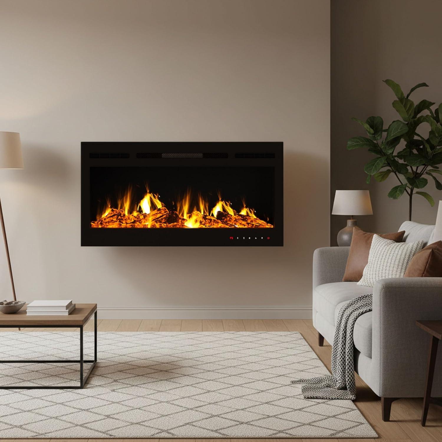 imageNorthwest 36Inch Wall Mounted Electric Fireplace Recessed Heater with Front Vent Remote LED Flames and Log and Crystal Media Black36Inch