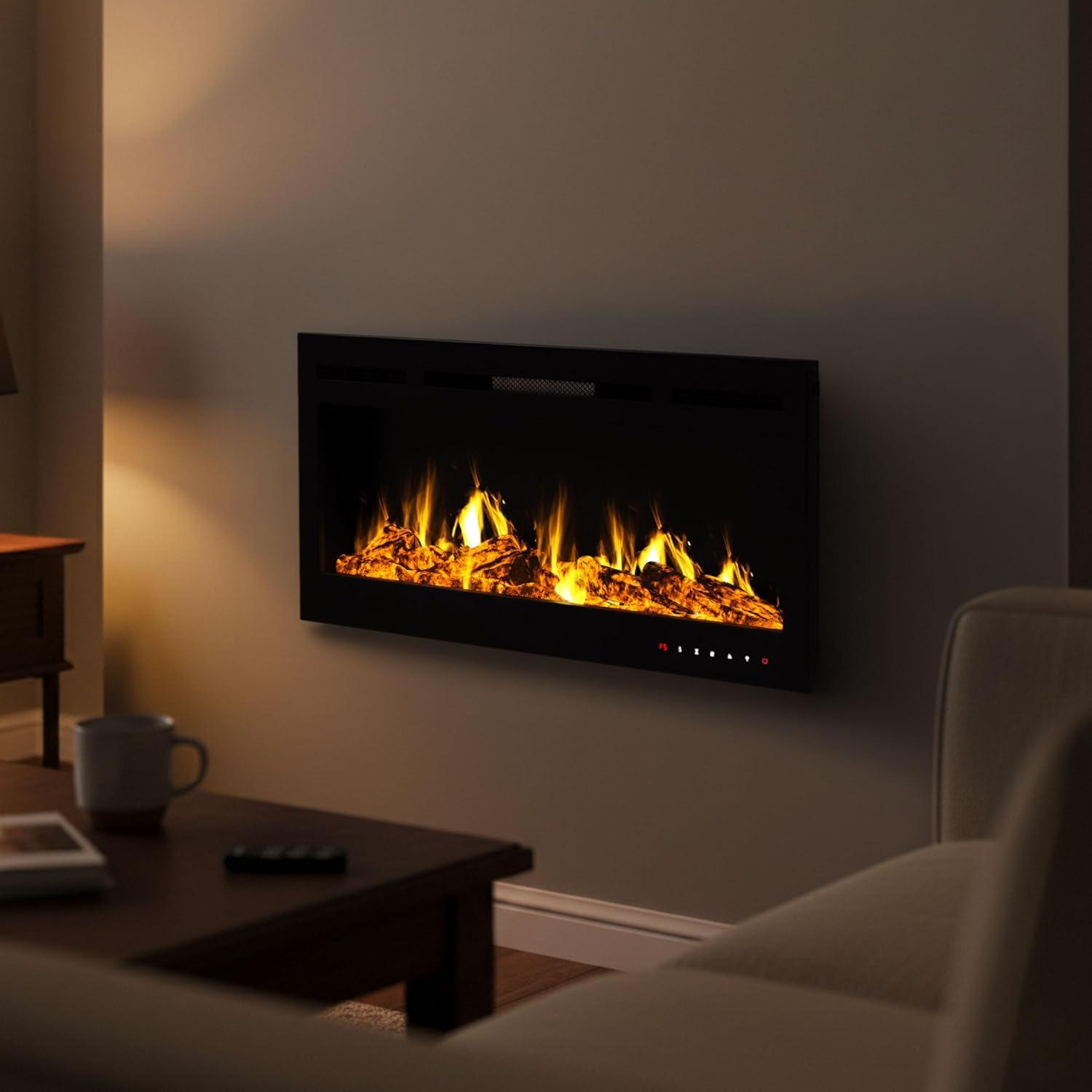 imageNorthwest 36Inch Wall Mounted Electric Fireplace Recessed Heater with Front Vent Remote LED Flames and Log and Crystal Media Black36Inch