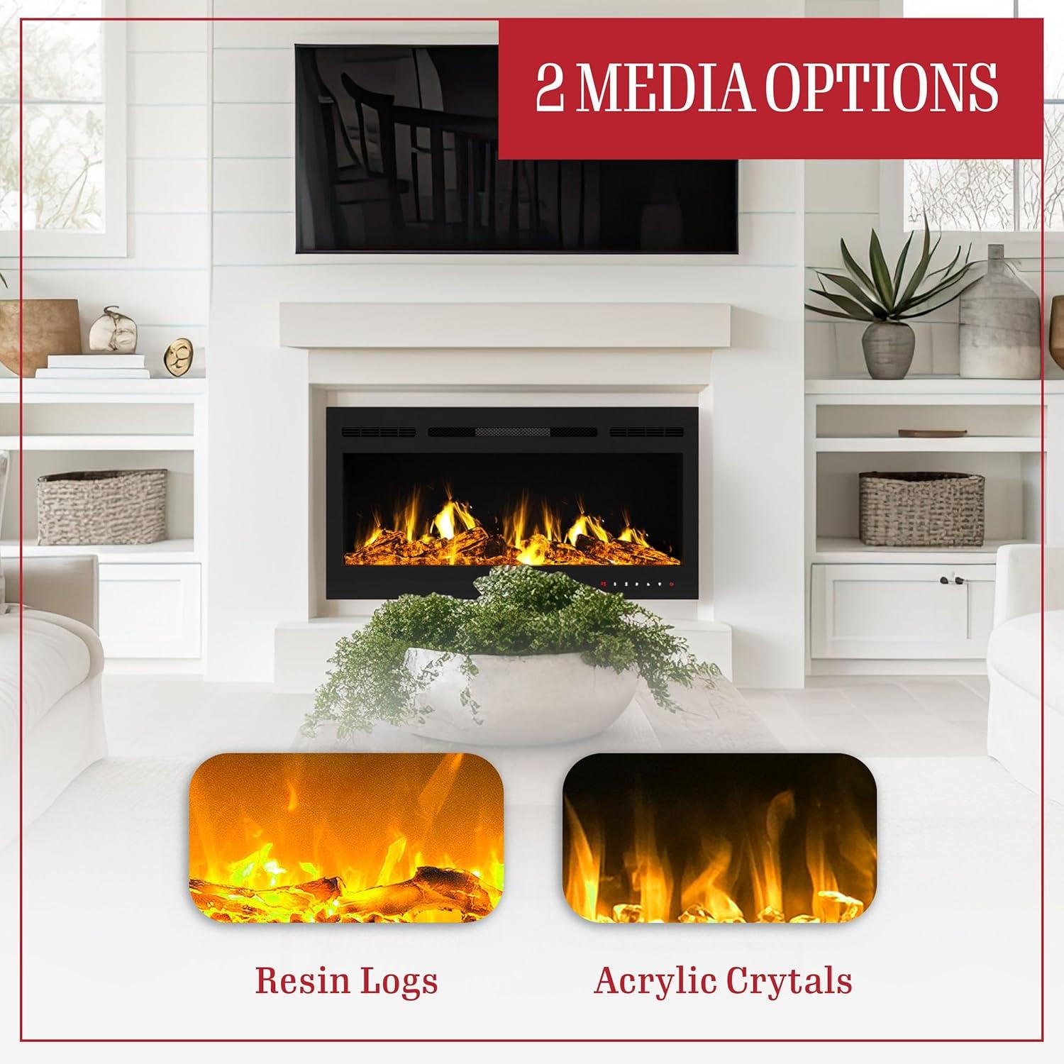 imageNorthwest 36Inch Wall Mounted Electric Fireplace Recessed Heater with Front Vent Remote LED Flames and Log and Crystal Media Black36Inch