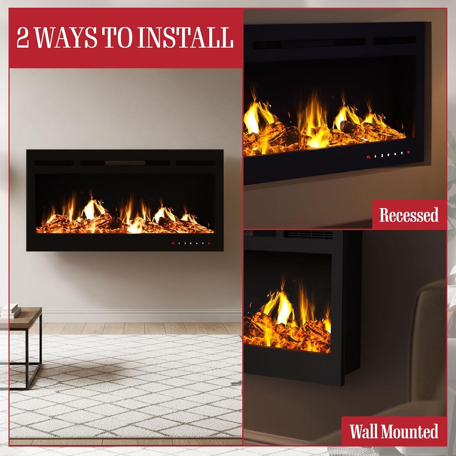 imageNorthwest 36Inch Wall Mounted Electric Fireplace Recessed Heater with Front Vent Remote LED Flames and Log and Crystal Media Black36Inch