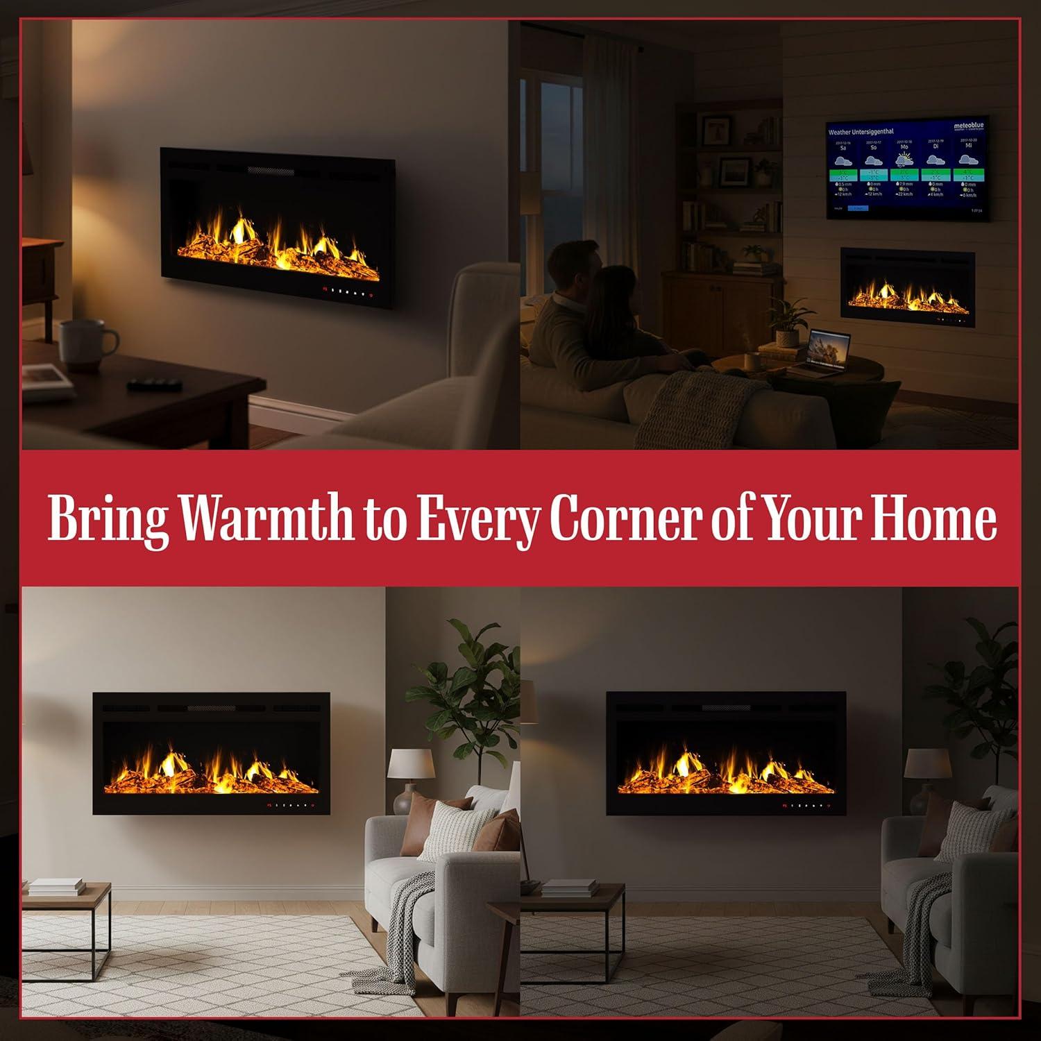 imageNorthwest 36Inch Wall Mounted Electric Fireplace Recessed Heater with Front Vent Remote LED Flames and Log and Crystal Media Black36Inch