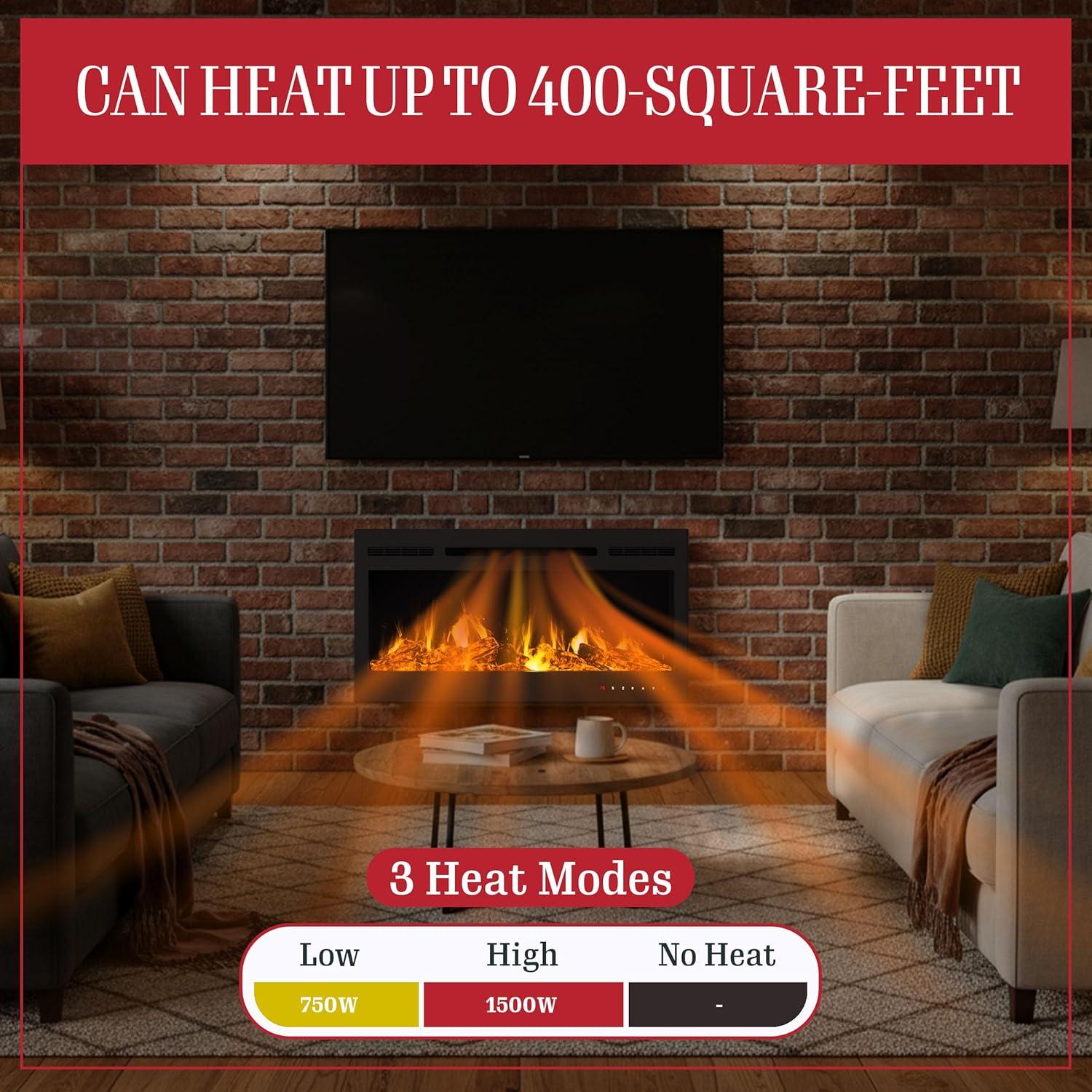 imageNorthwest 36Inch Wall Mounted Electric Fireplace Recessed Heater with Front Vent Remote LED Flames and Log and Crystal Media Black36Inch
