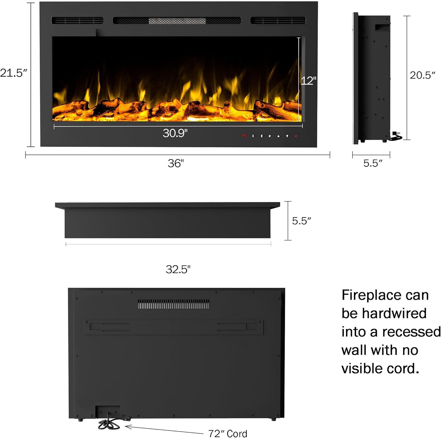 imageNorthwest 36Inch Wall Mounted Electric Fireplace Recessed Heater with Front Vent Remote LED Flames and Log and Crystal Media Black36Inch