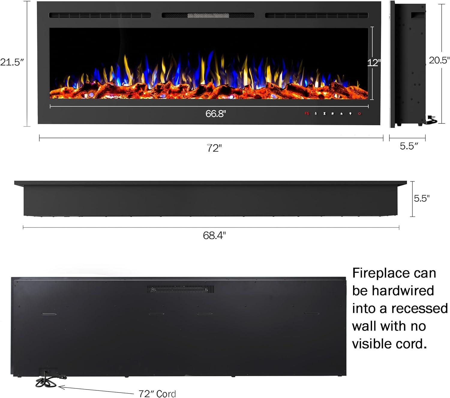 imageNorthwest 36Inch Wall Mounted Electric Fireplace Recessed Heater with Front Vent Remote LED Flames and Log and Crystal Media Black72Inch