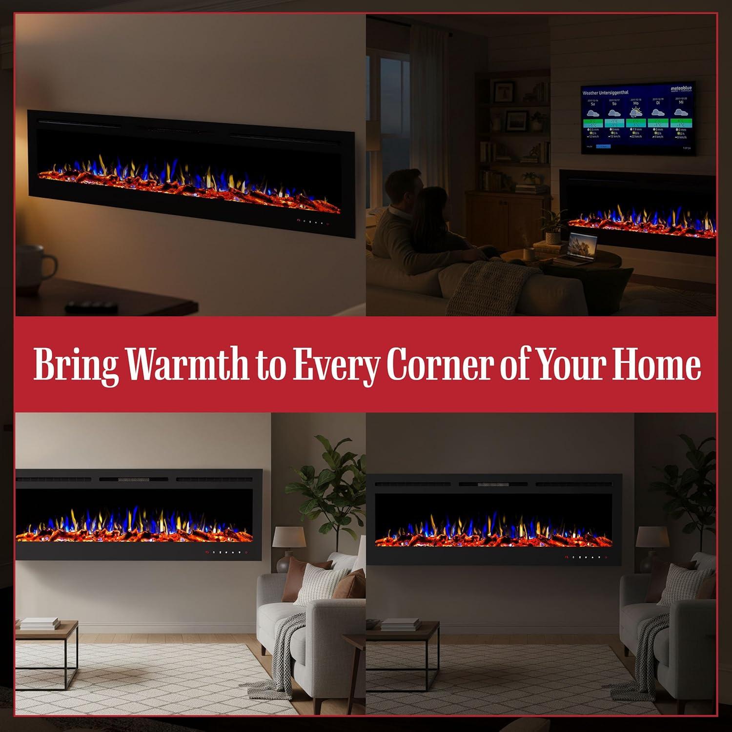 imageNorthwest 36Inch Wall Mounted Electric Fireplace Recessed Heater with Front Vent Remote LED Flames and Log and Crystal Media Black72Inch