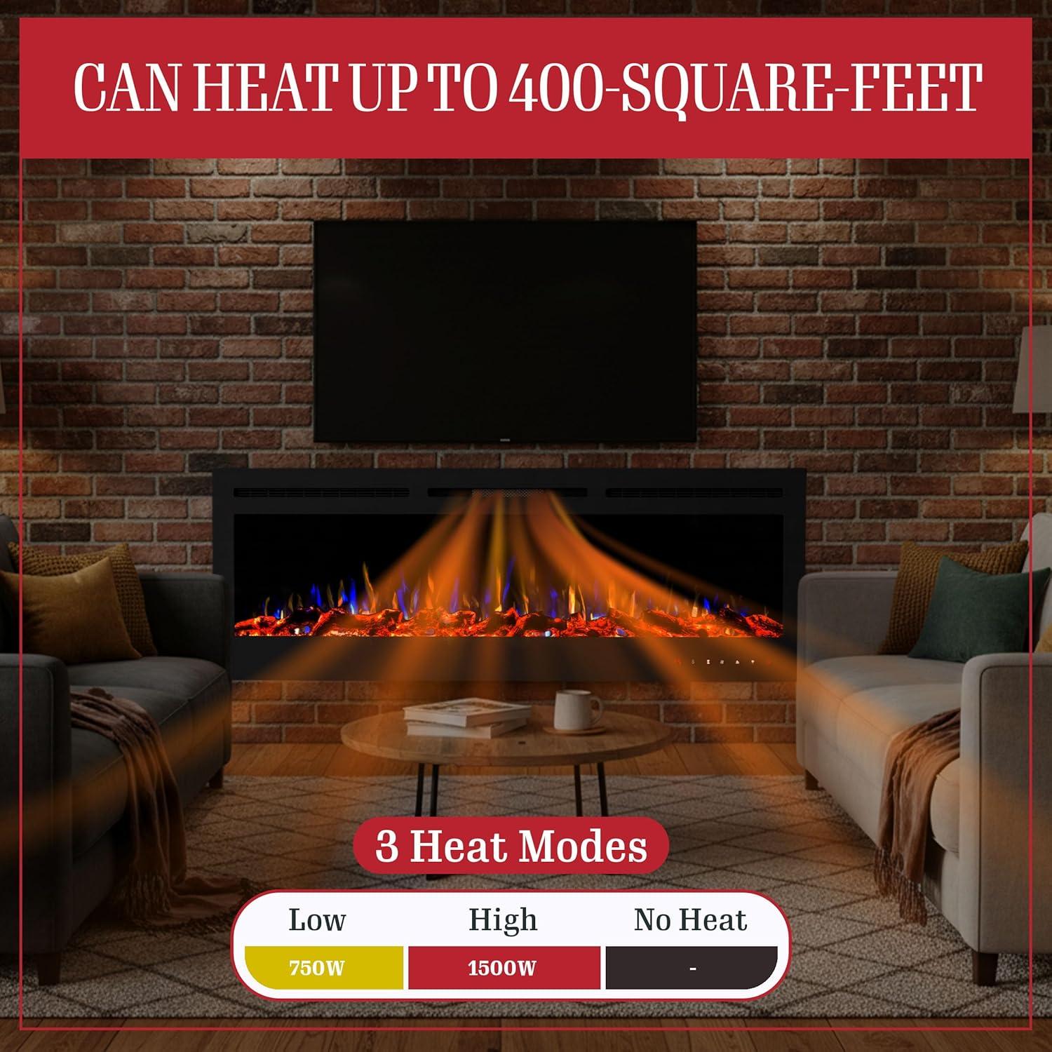imageNorthwest 36Inch Wall Mounted Electric Fireplace Recessed Heater with Front Vent Remote LED Flames and Log and Crystal Media Black72Inch