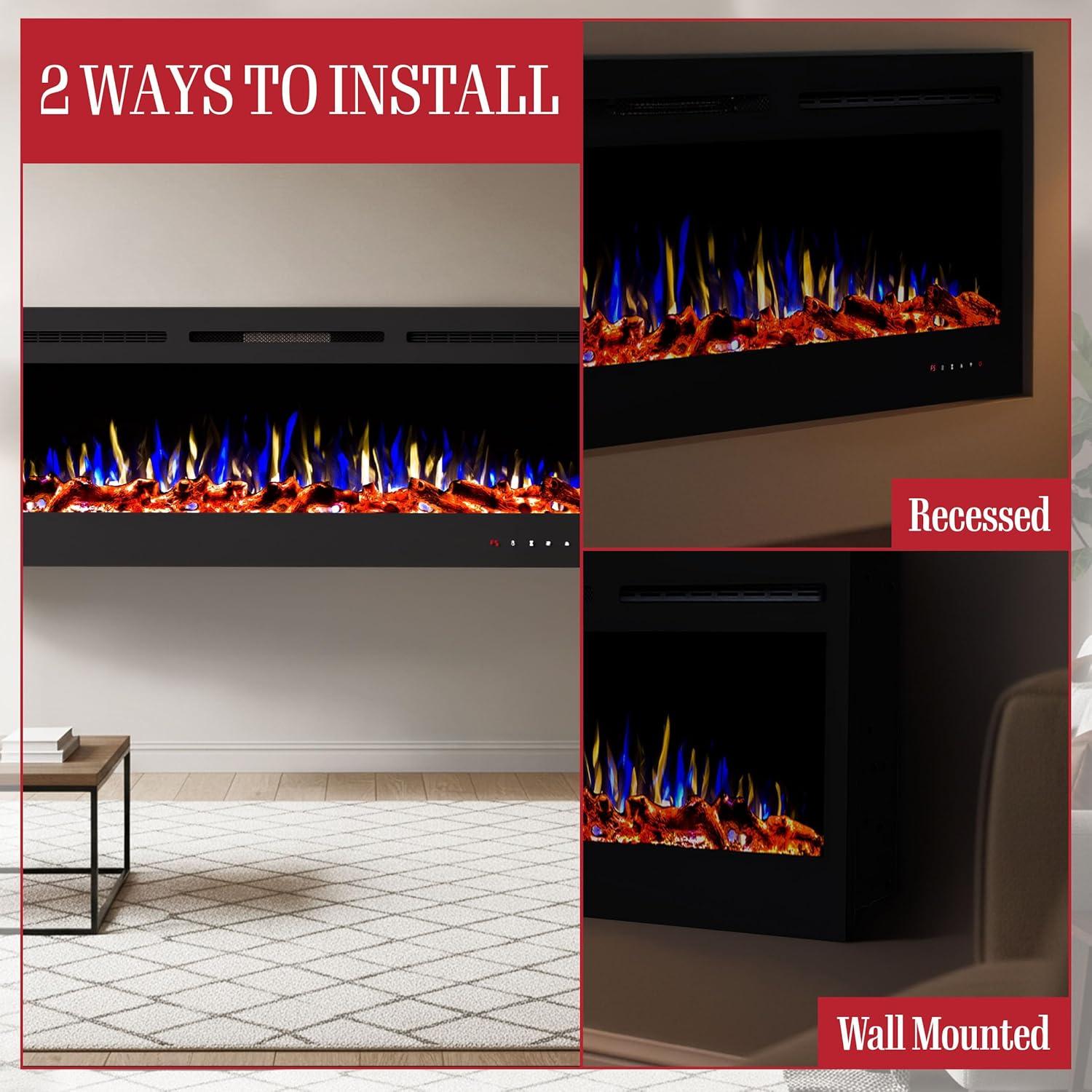 imageNorthwest 36Inch Wall Mounted Electric Fireplace Recessed Heater with Front Vent Remote LED Flames and Log and Crystal Media Black72Inch