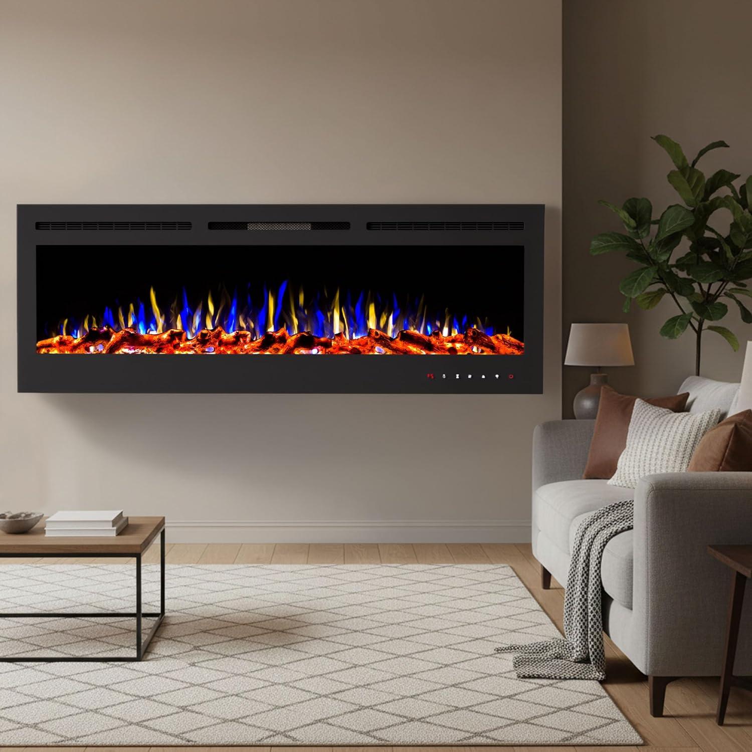 imageNorthwest 36Inch Wall Mounted Electric Fireplace Recessed Heater with Front Vent Remote LED Flames and Log and Crystal Media Black72Inch