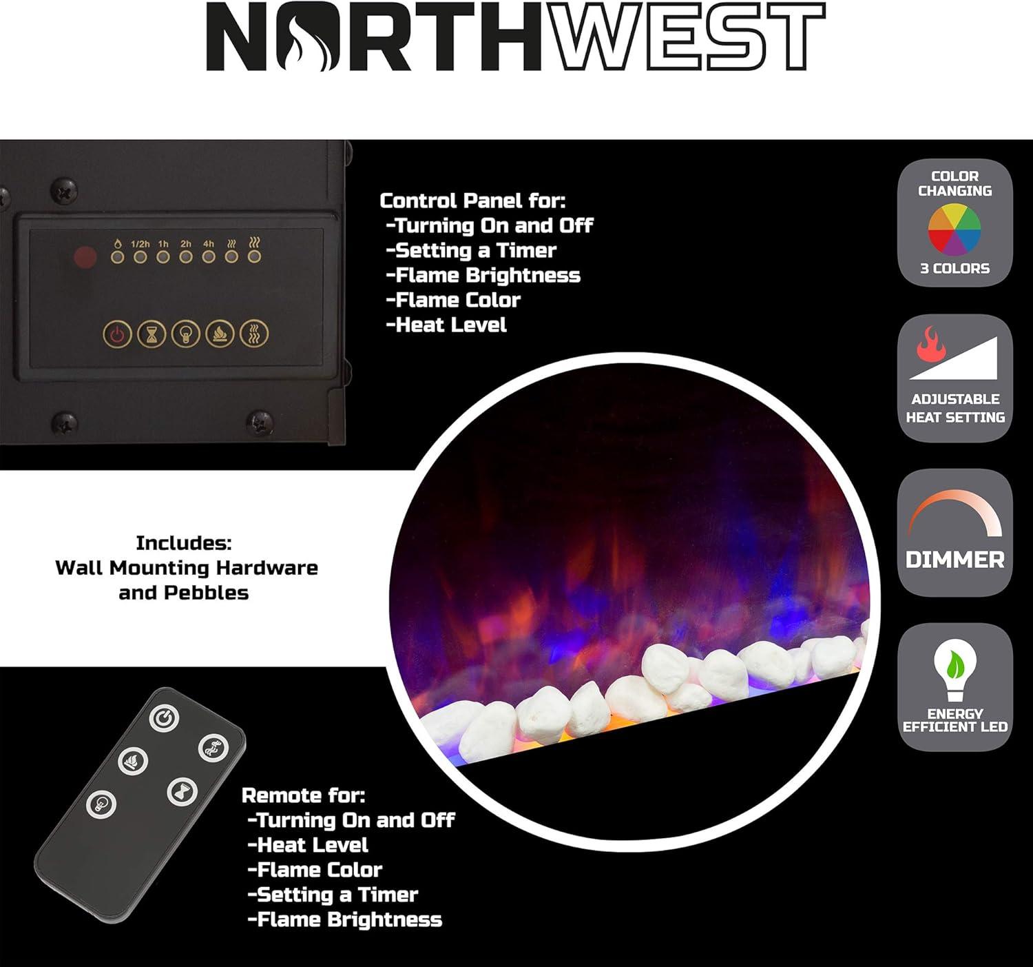 imageNorthwest Electric Fireplace Heater 42 Inch Wall Mounted Fireplace Heater with Remote Control Adjustable LED Flames Timer Heat and Brightness Black