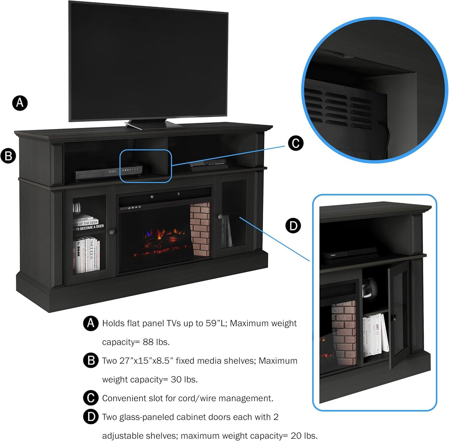 imageNorthwest Fireplace TV Stand for TVs up to 60Inches Entertainment Center with Shelves Remote Control Adjustable Heat and LED Flames Black