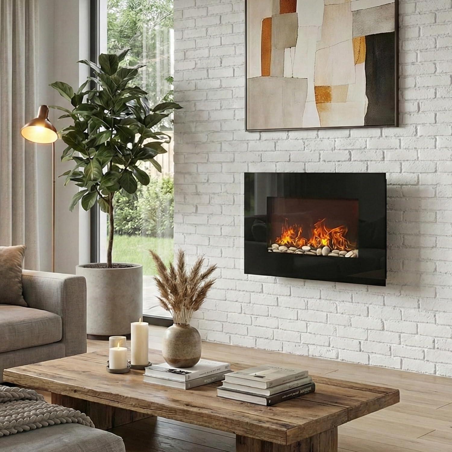 imageNorthwest Wall Mounted Electric Fireplace Heater Adjustable Flames and Heat Settings 26Inch Wall Mounted Fireplace Heater with Pebble Fuel Effect and Remote Control Black