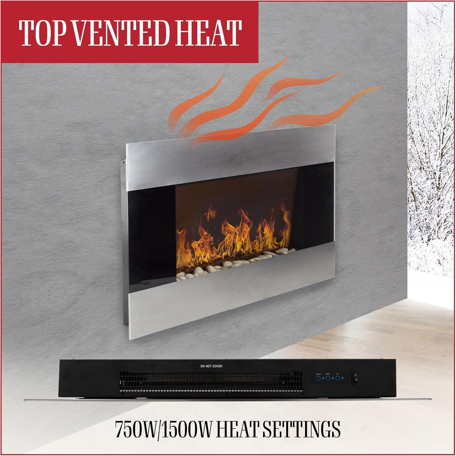 imageWallMounted Electric Fireplace Stainless Steel Fireplace Decor for The Living Room or Bedroom with 2 Heat Settings and Remote Control by Northwest Black 35x36x22