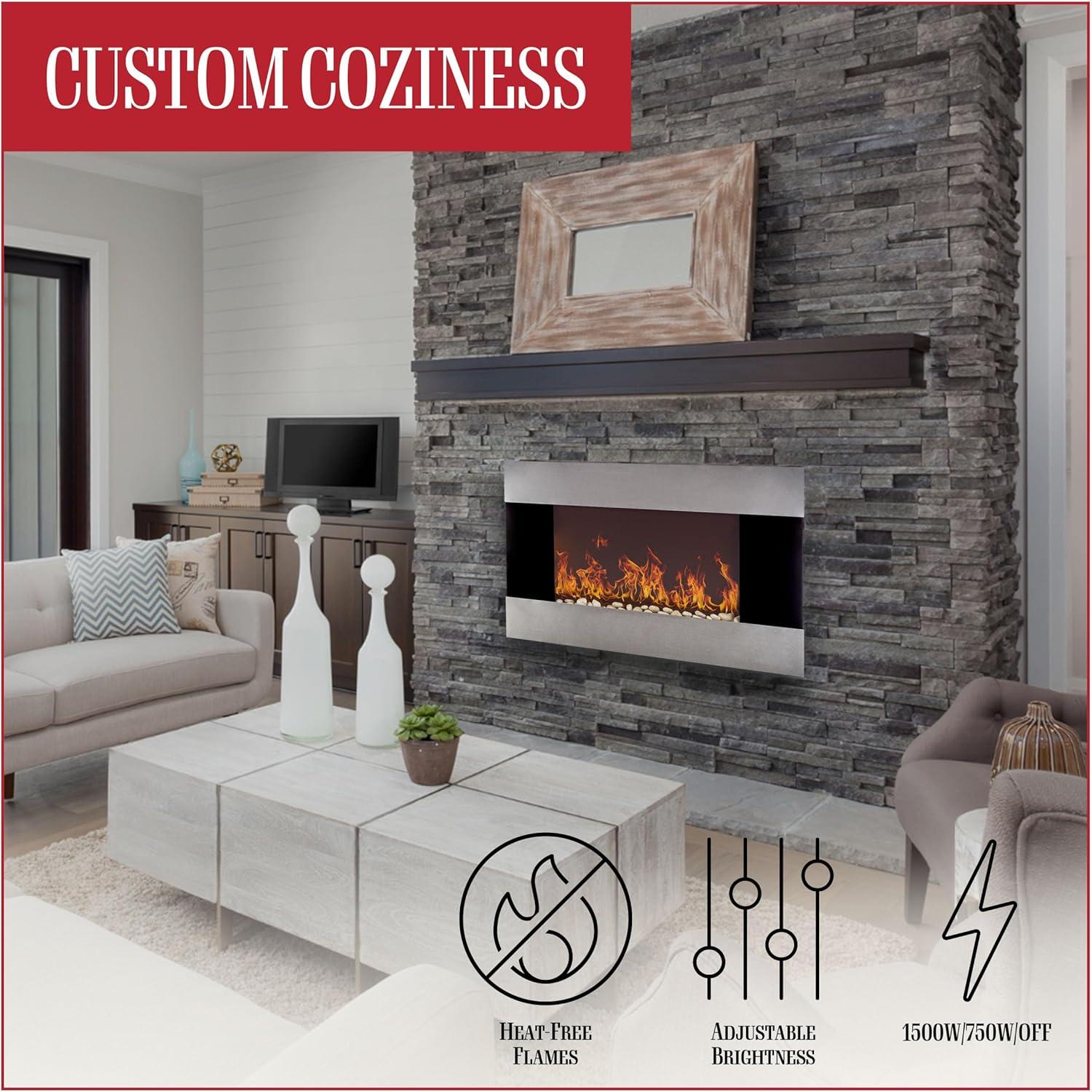 imageWallMounted Electric Fireplace Stainless Steel Fireplace Decor for The Living Room or Bedroom with 2 Heat Settings and Remote Control by Northwest Black 35x36x22