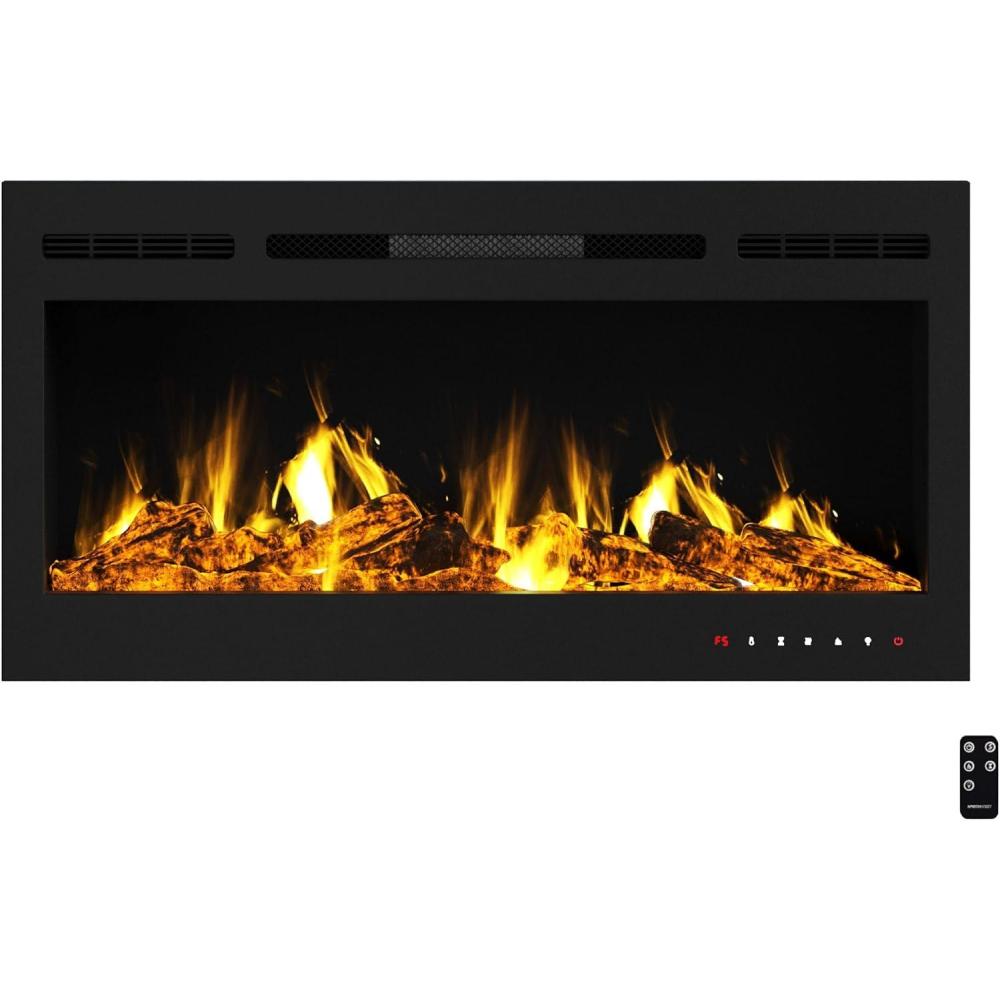 imageNorthwest 36Inch Wall Mounted Electric Fireplace Recessed Heater with Front Vent Remote LED Flames and Log and Crystal Media Black36Inch